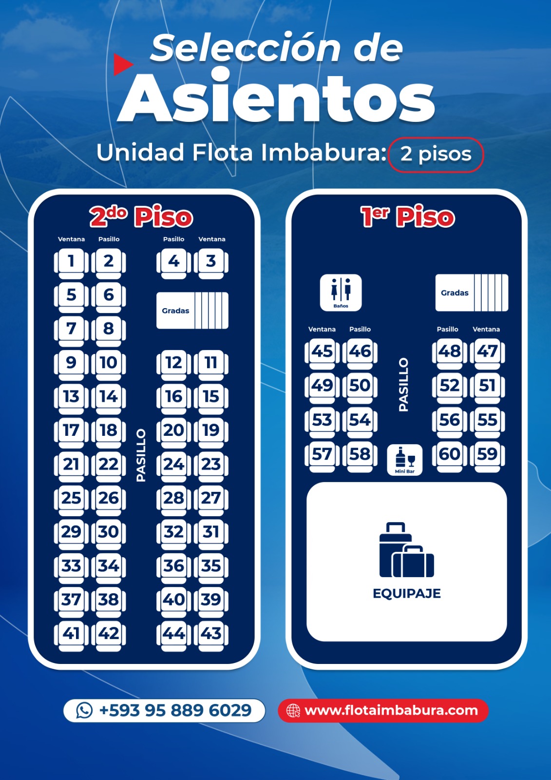 Ejemplo referencial de distribución de asientos de un bus de dos pisos